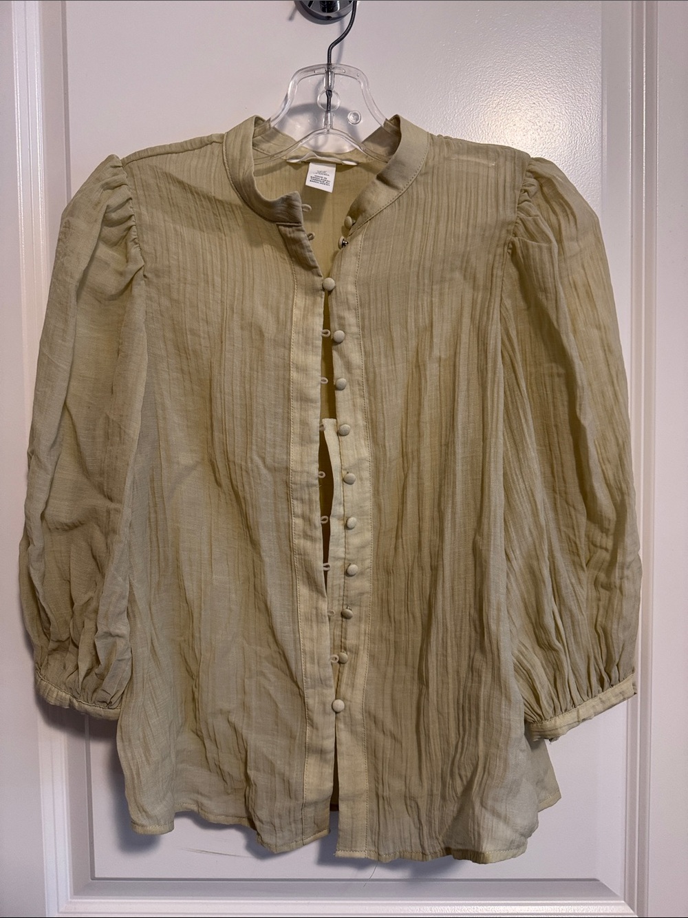 H&M Olive Green Button-Up Puff Sleeve Blouse